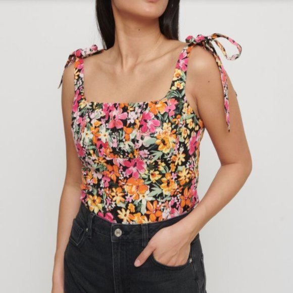 Dynamite Tops - Dynamite floral linen fitted tank top with bows M